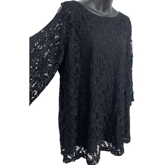 Adrianna Papell Women Top Blouse Plus 2X Black Lace 3/4 Tunic Cold Shoulder New - Picture 2 of 7